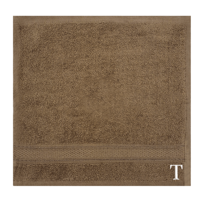 Daffodil (Dark Beige) Monogrammed Face Towel (30 x 30 Cm - Set of 6) 100% Cotton, Absorbent and Quick dry, High Quality Bath Linen- 500 Gsm White Thread Letter "T"