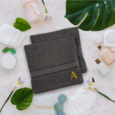 Daffodil (Dark Grey) Monogrammed Face Towel (30 x 30 Cm - Set of 6) 100% Cotton, Absorbent and Quick dry, High Quality Bath Linen- 500 Gsm Golden Thread Letter "A"