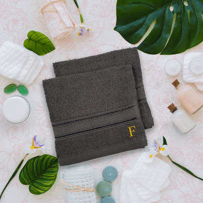 Daffodil (Dark Grey) Monogrammed Face Towel (30 x 30 Cm - Set of 6) 100% Cotton, Absorbent and Quick dry, High Quality Bath Linen- 500 Gsm Golden Thread Letter "F"