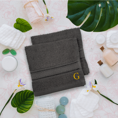 Daffodil (Dark Grey) Monogrammed Face Towel (30 x 30 Cm - Set of 6) 100% Cotton, Absorbent and Quick dry, High Quality Bath Linen- 500 Gsm Golden Thread Letter "G"