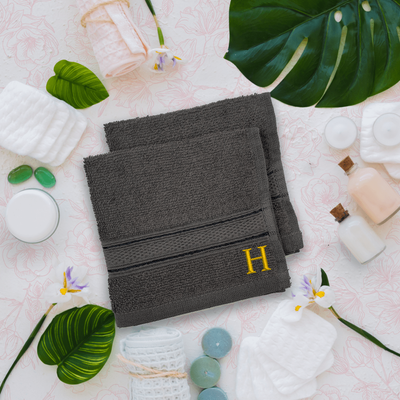 Daffodil (Dark Grey) Monogrammed Face Towel (30 x 30 Cm - Set of 6) 100% Cotton, Absorbent and Quick dry, High Quality Bath Linen- 500 Gsm Golden Thread Letter "H"