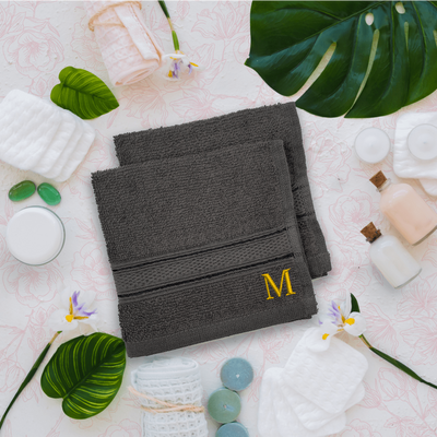 Daffodil (Dark Grey) Monogrammed Face Towel (30 x 30 Cm - Set of 6) 100% Cotton, Absorbent and Quick dry, High Quality Bath Linen- 500 Gsm Golden Thread Letter "M"