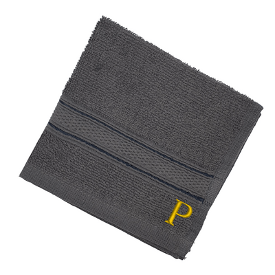 Daffodil (Dark Grey) Monogrammed Face Towel (30 x 30 Cm - Set of 6) 100% Cotton, Absorbent and Quick dry, High Quality Bath Linen- 500 Gsm Golden Thread Letter "P"