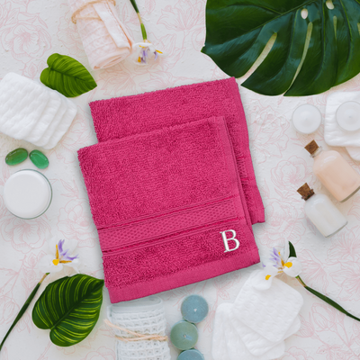 Daffodil (Fuchsia Pink) Monogrammed Face Towel (30 x 30 Cm - Set of 6) 100% Cotton, Absorbent and Quick dry, High Quality Bath Linen- 500 Gsm White Thread Letter "B"