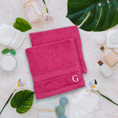 Daffodil (Fuchsia Pink) Monogrammed Face Towel (30 x 30 Cm - Set of 6) 100% Cotton, Absorbent and Quick dry, High Quality Bath Linen- 500 Gsm White Thread Letter "G"