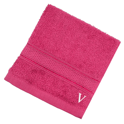 Daffodil (Fuchsia Pink) Monogrammed Face Towel (30 x 30 Cm - Set of 6) 100% Cotton, Absorbent and Quick dry, High Quality Bath Linen- 500 Gsm White Thread Letter "V"