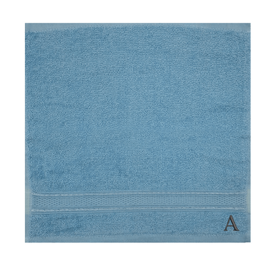 منشفة الوجه المليئة بالألوان (الأزرق الفاتح) (30 × 30 سم - مجموعة من 6) بنسبة 100 ٪ من القطن ، أو الماصة والسريعة الجافة ، وعالية الجودة بياضات الحمام - 500 جي إس إم أسود رسالة "A"