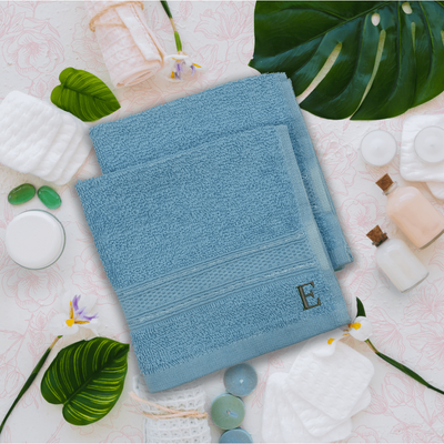 Daffodil (Light Blue) Monogrammed Face Towel (30 x 30 Cm - Set of 6) 100% Cotton, Absorbent and Quick dry, High Quality Bath Linen- 500 Gsm Black Thread Letter "E"