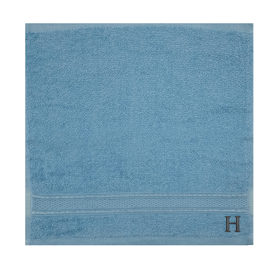 Daffodil (Light Blue) Monogrammed Face Towel (30 x 30 Cm - Set of 6) 100% Cotton, Absorbent and Quick dry, High Quality Bath Linen- 500 Gsm Black Thread Letter "H"