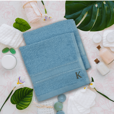 Daffodil (Light Blue) Monogrammed Face Towel (30 x 30 Cm - Set of 6) 100% Cotton, Absorbent and Quick dry, High Quality Bath Linen- 500 Gsm Black Thread Letter "K"