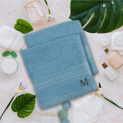 Daffodil (Light Blue) Monogrammed Face Towel (30 x 30 Cm - Set of 6) 100% Cotton, Absorbent and Quick dry, High Quality Bath Linen- 500 Gsm Black Thread Letter "M"