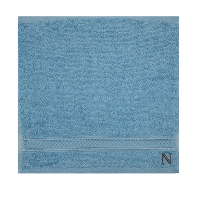 Daffodil (Light Blue) Monogrammed Face Towel (30 x 30 Cm - Set of 6) 100% Cotton, Absorbent and Quick dry, High Quality Bath Linen- 500 Gsm Black Thread Letter "N"