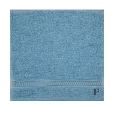 Daffodil (Light Blue) Monogrammed Face Towel (30 x 30 Cm - Set of 6) 100% Cotton, Absorbent and Quick dry, High Quality Bath Linen- 500 Gsm Black Thread Letter "P"