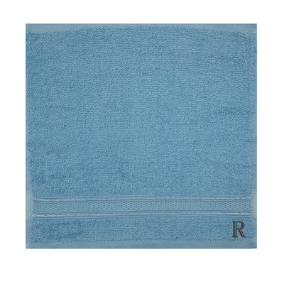 Daffodil (Light Blue) Monogrammed Face Towel (30 x 30 Cm - Set of 6) 100% Cotton, Absorbent and Quick dry, High Quality Bath Linen- 500 Gsm Black Thread Letter "R"