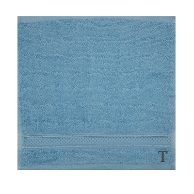 Daffodil (Light Blue) Monogrammed Face Towel (30 x 30 Cm - Set of 6) 100% Cotton, Absorbent and Quick dry, High Quality Bath Linen- 500 Gsm Black Thread Letter "T"