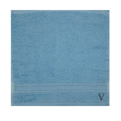 Daffodil (Light Blue) Monogrammed Face Towel (30 x 30 Cm - Set of 6) 100% Cotton, Absorbent and Quick dry, High Quality Bath Linen- 500 Gsm Black Thread Letter "V"