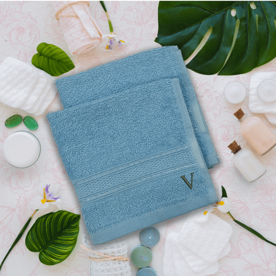 Daffodil (Light Blue) Monogrammed Face Towel (30 x 30 Cm - Set of 6) 100% Cotton, Absorbent and Quick dry, High Quality Bath Linen- 500 Gsm Black Thread Letter "V"