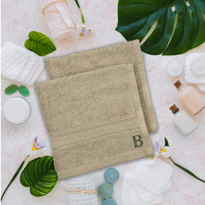 Daffodil (Light Grey) Monogrammed Face Towel (30 x 30 Cm - Set of 6) 100% Cotton, Absorbent and Quick dry, High Quality Bath Linen- 500 Gsm Black Thread Letter "B"