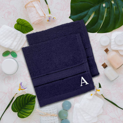 Daffodil (Navy Blue) Monogrammed Face Towel (30 x 30 Cm - Set of 6) 100% Cotton, Absorbent and Quick dry, High Quality Bath Linen- 500 Gsm White Thread Letter "A"