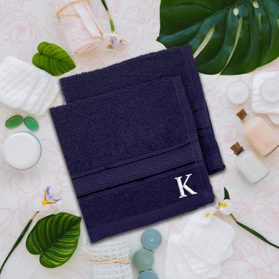 Daffodil (Navy Blue) Monogrammed Face Towel (30 x 30 Cm - Set of 6) 100% Cotton, Absorbent and Quick dry, High Quality Bath Linen- 500 Gsm White Thread Letter "K"