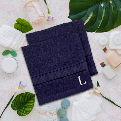 Daffodil (Navy Blue) Monogrammed Face Towel (30 x 30 Cm - Set of 6) 100% Cotton, Absorbent and Quick dry, High Quality Bath Linen- 500 Gsm White Thread Letter "L"