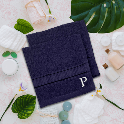 Daffodil (Navy Blue) Monogrammed Face Towel (30 x 30 Cm - Set of 6) 100% Cotton, Absorbent and Quick dry, High Quality Bath Linen- 500 Gsm White Thread Letter "P"