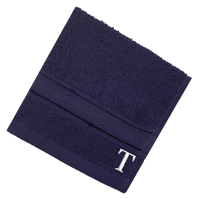 Daffodil (Navy Blue) Monogrammed Face Towel (30 x 30 Cm - Set of 6) 100% Cotton, Absorbent and Quick dry, High Quality Bath Linen- 500 Gsm White Thread Letter "T"