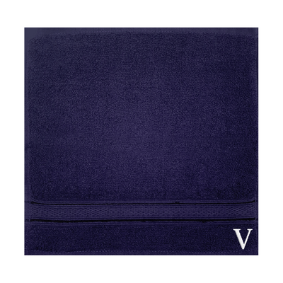 Daffodil (Navy Blue) Monogrammed Face Towel (30 x 30 Cm - Set of 6) 100% Cotton, Absorbent and Quick dry, High Quality Bath Linen- 500 Gsm White Thread Letter "V"