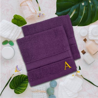 Daffodil (Purple) Monogrammed Face Towel (30 x 30 Cm - Set of 6) 100% Cotton, Absorbent and Quick dry, High Quality Bath Linen- 500 Gsm Golden Thread Letter "A"