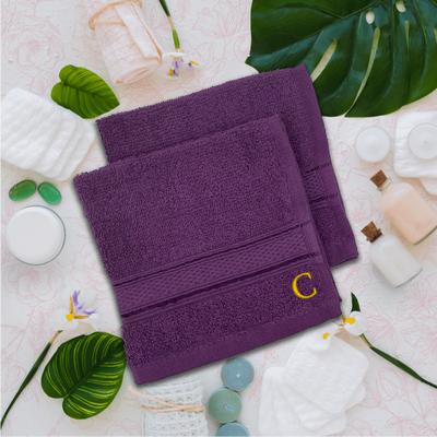 Daffodil (Purple) Monogrammed Face Towel (30 x 30 Cm - Set of 6) 100% Cotton, Absorbent and Quick dry, High Quality Bath Linen- 500 Gsm Golden Thread Letter "C"