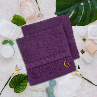 Daffodil (Purple) Monogrammed Face Towel (30 x 30 Cm - Set of 6) 100% Cotton, Absorbent and Quick dry, High Quality Bath Linen- 500 Gsm Golden Thread Letter "G"