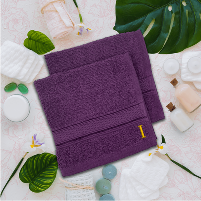 Daffodil (Purple) Monogrammed Face Towel (30 x 30 Cm - Set of 6) 100% Cotton, Absorbent and Quick dry, High Quality Bath Linen- 500 Gsm Golden Thread Letter "I"