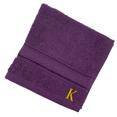 Daffodil (Purple) Monogrammed Face Towel (30 x 30 Cm - Set of 6) 100% Cotton, Absorbent and Quick dry, High Quality Bath Linen- 500 Gsm Golden Thread Letter "K"