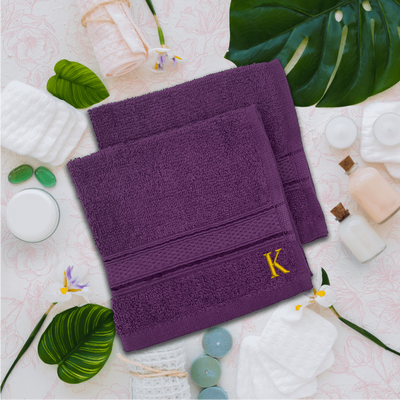 Daffodil (Purple) Monogrammed Face Towel (30 x 30 Cm - Set of 6) 100% Cotton, Absorbent and Quick dry, High Quality Bath Linen- 500 Gsm Golden Thread Letter "K"