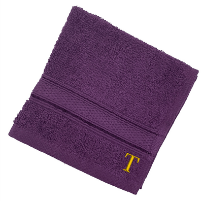 Daffodil (Purple) Monogrammed Face Towel (30 x 30 Cm - Set of 6) 100% Cotton, Absorbent and Quick dry, High Quality Bath Linen- 500 Gsm Golden Thread Letter "T"