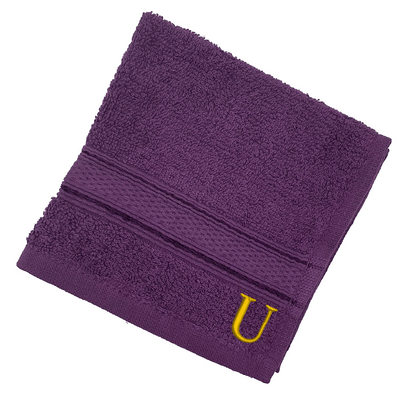 Daffodil (Purple) Monogrammed Face Towel (30 x 30 Cm - Set of 6) 100% Cotton, Absorbent and Quick dry, High Quality Bath Linen- 500 Gsm Golden Thread Letter "U"