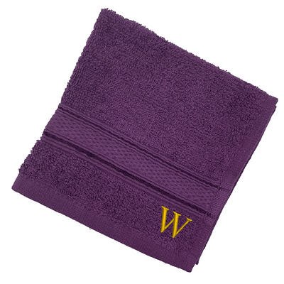 Daffodil (Purple) Monogrammed Face Towel (30 x 30 Cm - Set of 6) 100% Cotton, Absorbent and Quick dry, High Quality Bath Linen- 500 Gsm Golden Thread Letter "W"