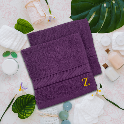 Daffodil (Purple) Monogrammed Face Towel (30 x 30 Cm - Set of 6) 100% Cotton, Absorbent and Quick dry, High Quality Bath Linen- 500 Gsm Golden Thread Letter "Z"