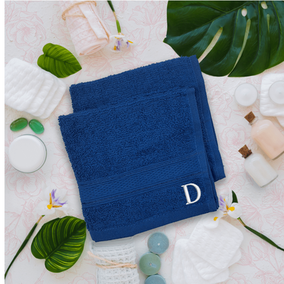 Daffodil (Royal Blue) Monogrammed Face Towel (30 x 30 Cm - Set of 6) 100% Cotton, Absorbent and Quick dry, High Quality Bath Linen- 500 Gsm White Thread Letter "D"