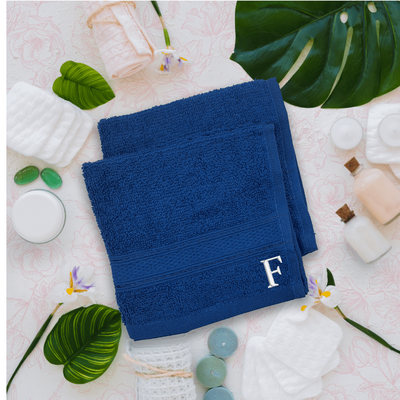Daffodil (Royal Blue) Monogrammed Face Towel (30 x 30 Cm - Set of 6) 100% Cotton, Absorbent and Quick dry, High Quality Bath Linen- 500 Gsm White Thread Letter "F"