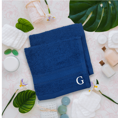 Daffodil (Royal Blue) Monogrammed Face Towel (30 x 30 Cm - Set of 6) 100% Cotton, Absorbent and Quick dry, High Quality Bath Linen- 500 Gsm White Thread Letter "G"