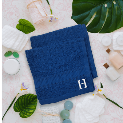 Daffodil (Royal Blue) Monogrammed Face Towel (30 x 30 Cm - Set of 6) 100% Cotton, Absorbent and Quick dry, High Quality Bath Linen- 500 Gsm White Thread Letter "H"