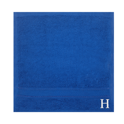 Daffodil (Royal Blue) Monogrammed Face Towel (30 x 30 Cm - Set of 6) 100% Cotton, Absorbent and Quick dry, High Quality Bath Linen- 500 Gsm White Thread Letter "H"