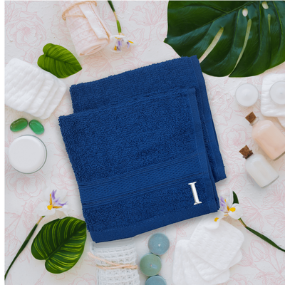 Daffodil (Royal Blue) Monogrammed Face Towel (30 x 30 Cm - Set of 6) 100% Cotton, Absorbent and Quick dry, High Quality Bath Linen- 500 Gsm White Thread Letter "I"