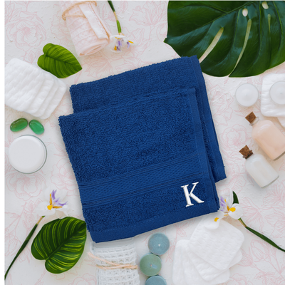 Daffodil (Royal Blue) Monogrammed Face Towel (30 x 30 Cm - Set of 6) 100% Cotton, Absorbent and Quick dry, High Quality Bath Linen- 500 Gsm White Thread Letter "K"