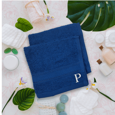Daffodil (Royal Blue) Monogrammed Face Towel (30 x 30 Cm - Set of 6) 100% Cotton, Absorbent and Quick dry, High Quality Bath Linen- 500 Gsm White Thread Letter "P"
