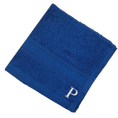 Daffodil (Royal Blue) Monogrammed Face Towel (30 x 30 Cm - Set of 6) 100% Cotton, Absorbent and Quick dry, High Quality Bath Linen- 500 Gsm White Thread Letter "P"