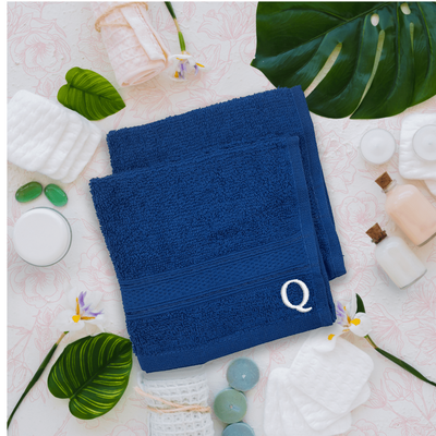 Daffodil (Royal Blue) Monogrammed Face Towel (30 x 30 Cm - Set of 6) 100% Cotton, Absorbent and Quick dry, High Quality Bath Linen- 500 Gsm White Thread Letter "Q"