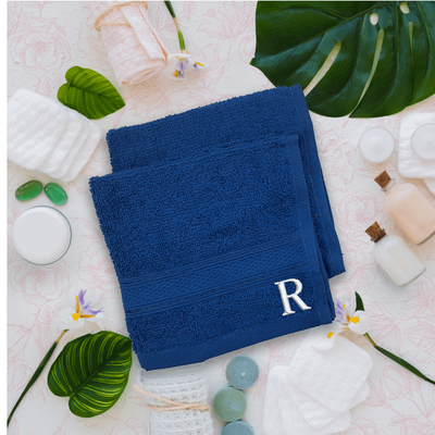 Daffodil (Royal Blue) Monogrammed Face Towel (30 x 30 Cm - Set of 6) 100% Cotton, Absorbent and Quick dry, High Quality Bath Linen- 500 Gsm White Thread Letter "R"