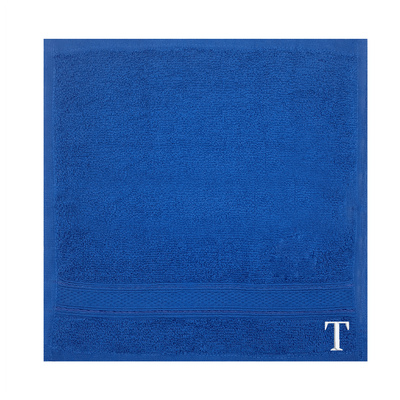 Daffodil (Royal Blue) Monogrammed Face Towel (30 x 30 Cm - Set of 6) 100% Cotton, Absorbent and Quick dry, High Quality Bath Linen- 500 Gsm White Thread Letter "T"